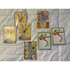 Lot of 6 Greeting Cards Flowers Frogs with Stickers Envelopes Fountain House